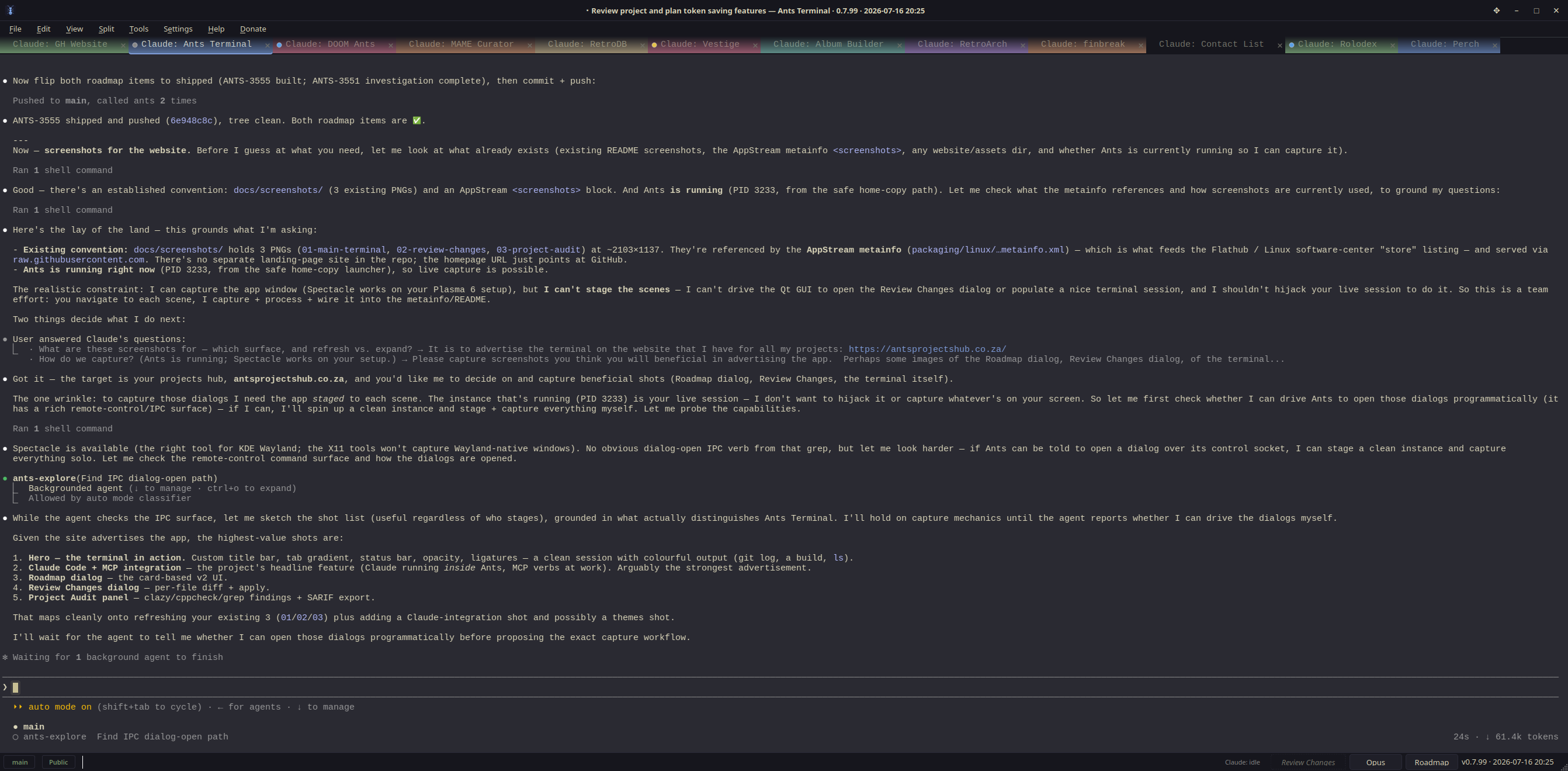 Ants Terminal running a live Claude Code session over a dark theme, with a row of per-project tabs and an assistant working through a task