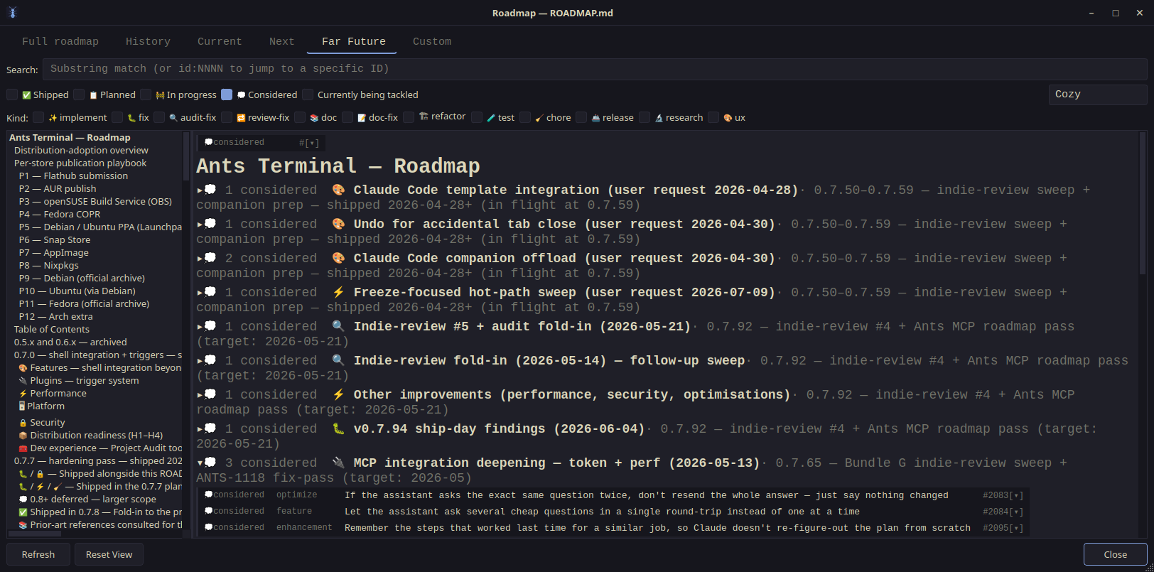 The built-in Roadmap dialog for a project — filterable, card-based roadmap items grouped by status, with search and kind filters
