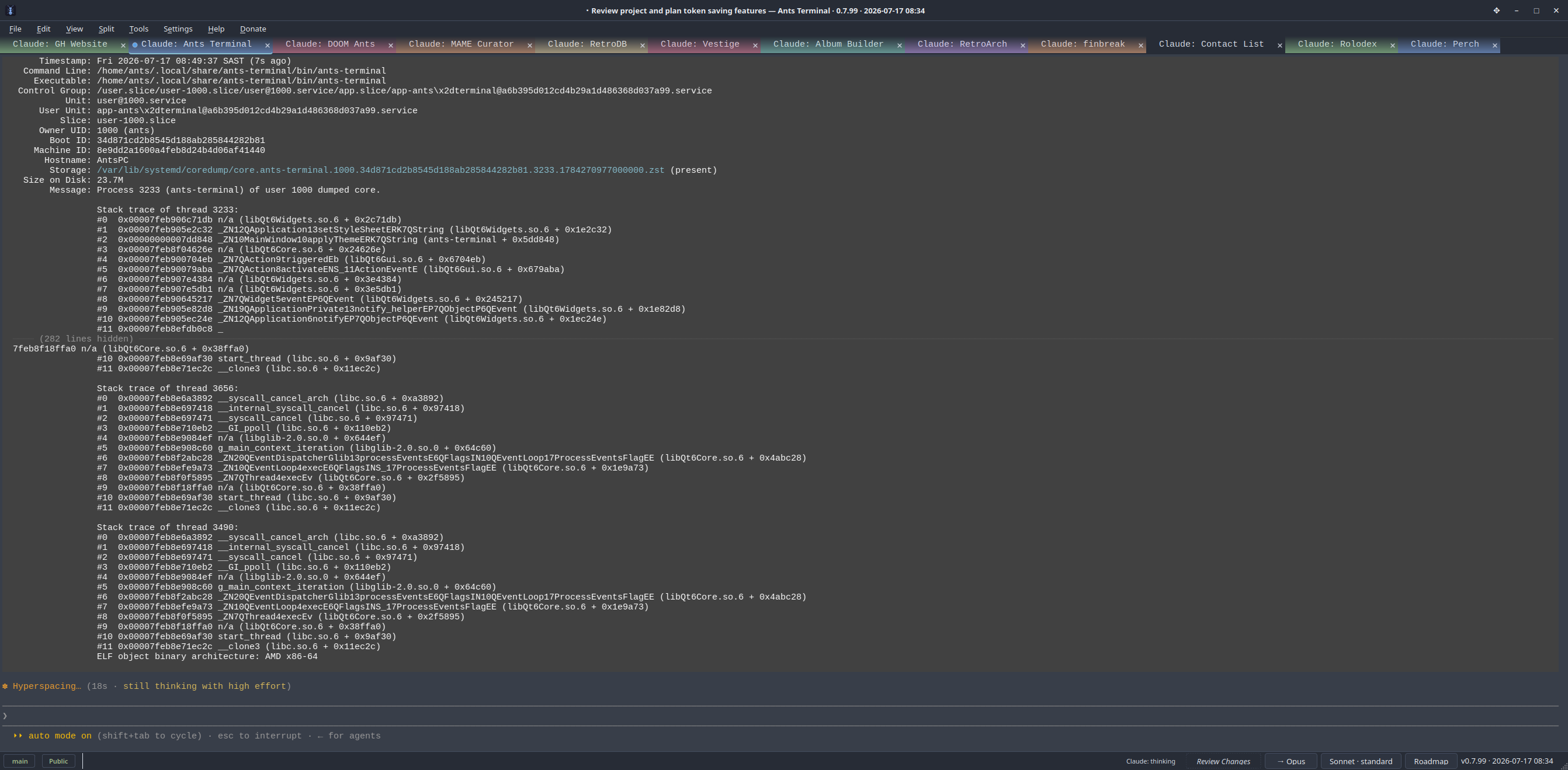 Ants Terminal in a different colour theme, displaying a detailed multi-thread stack trace from a crash report