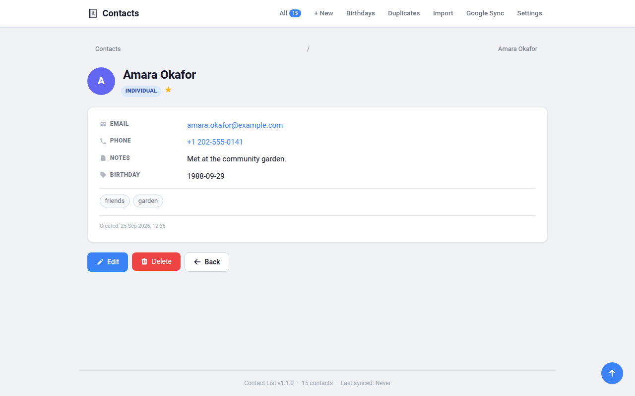 One contact's page for Amara Okafor, a starred individual, showing her email, phone number, a note that reads "Met at the community garden", her birthday, and the tags friends and garden, with Edit, Delete and Back buttons below.