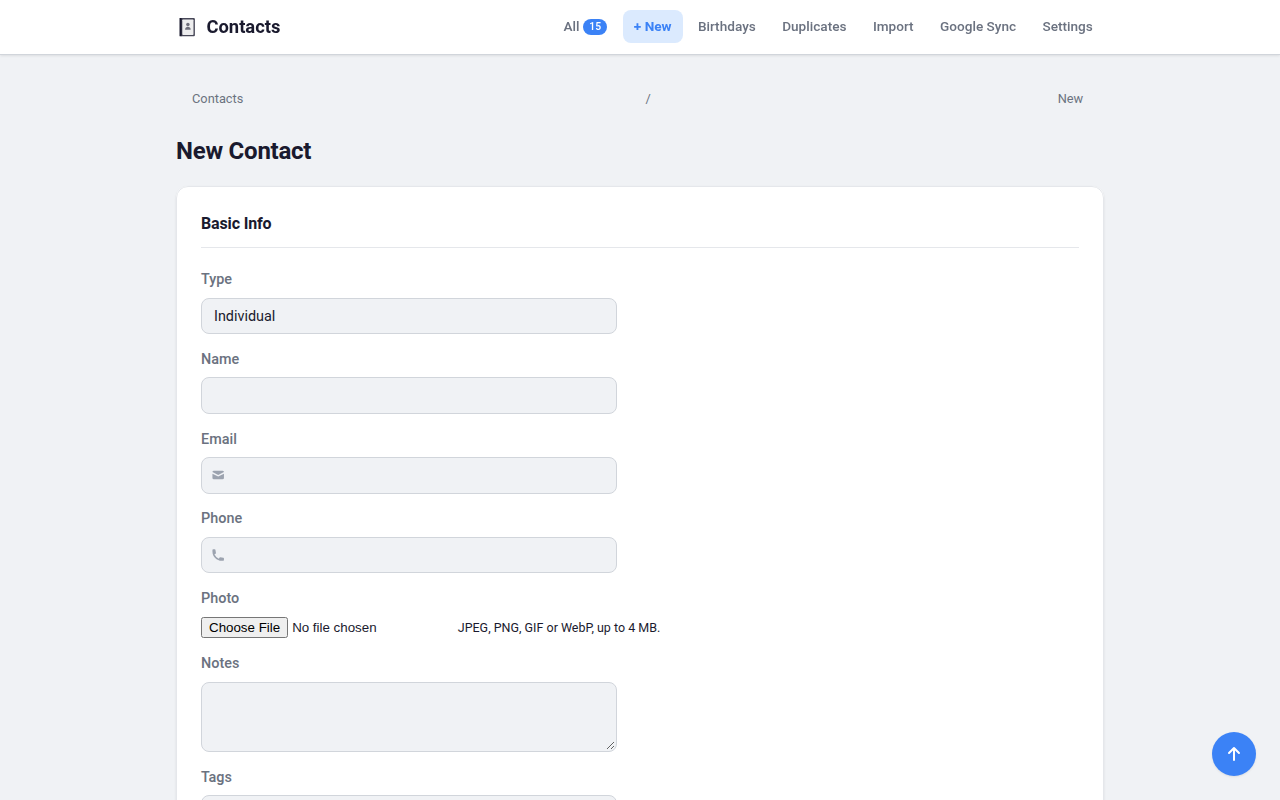 The empty New Contact form, with fields for type, name, email, phone, a photo upload, notes and tags.