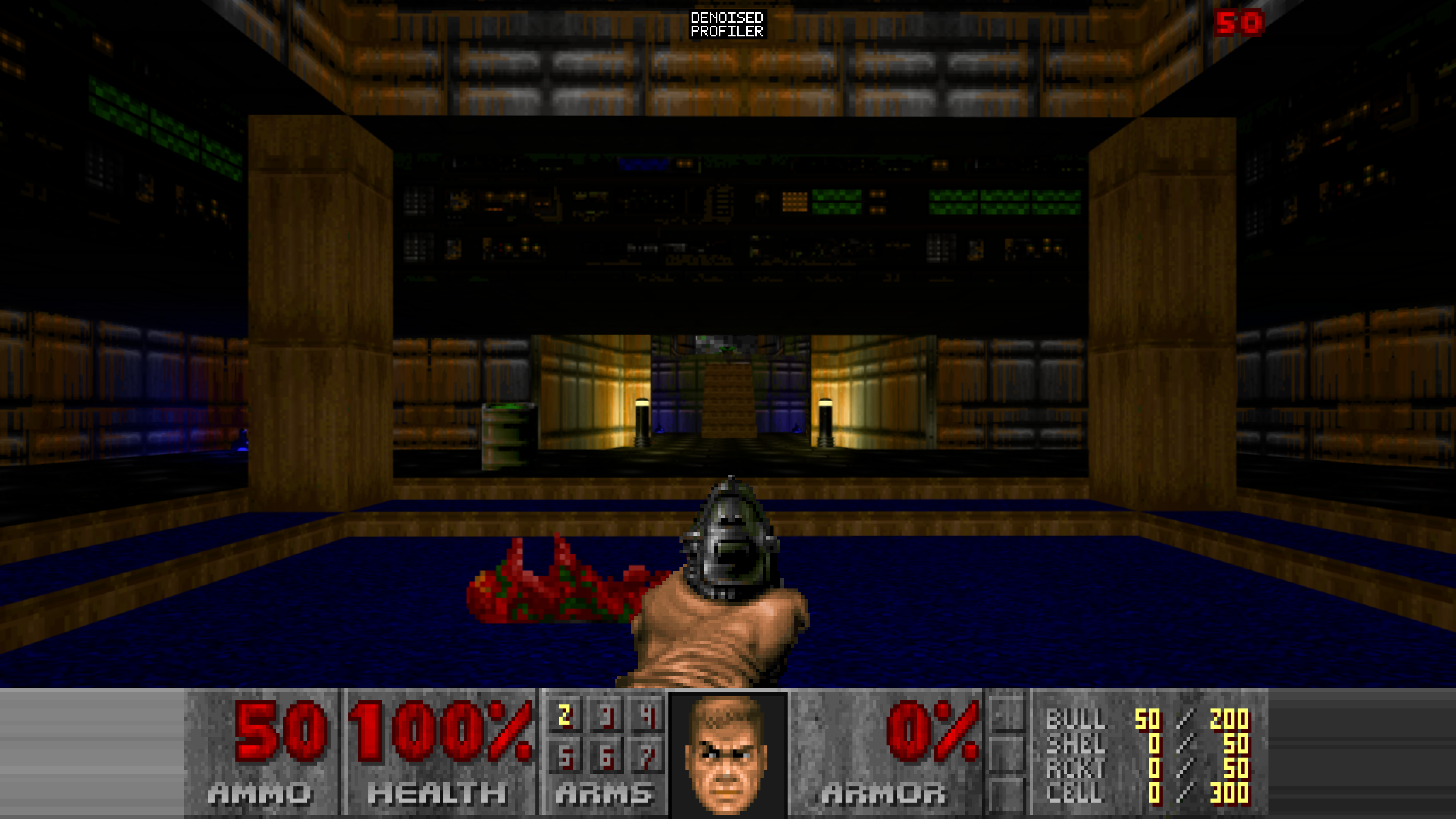 The same DOOM level with hardware ray tracing — realistic shadows and dynamic lighting darkening the room