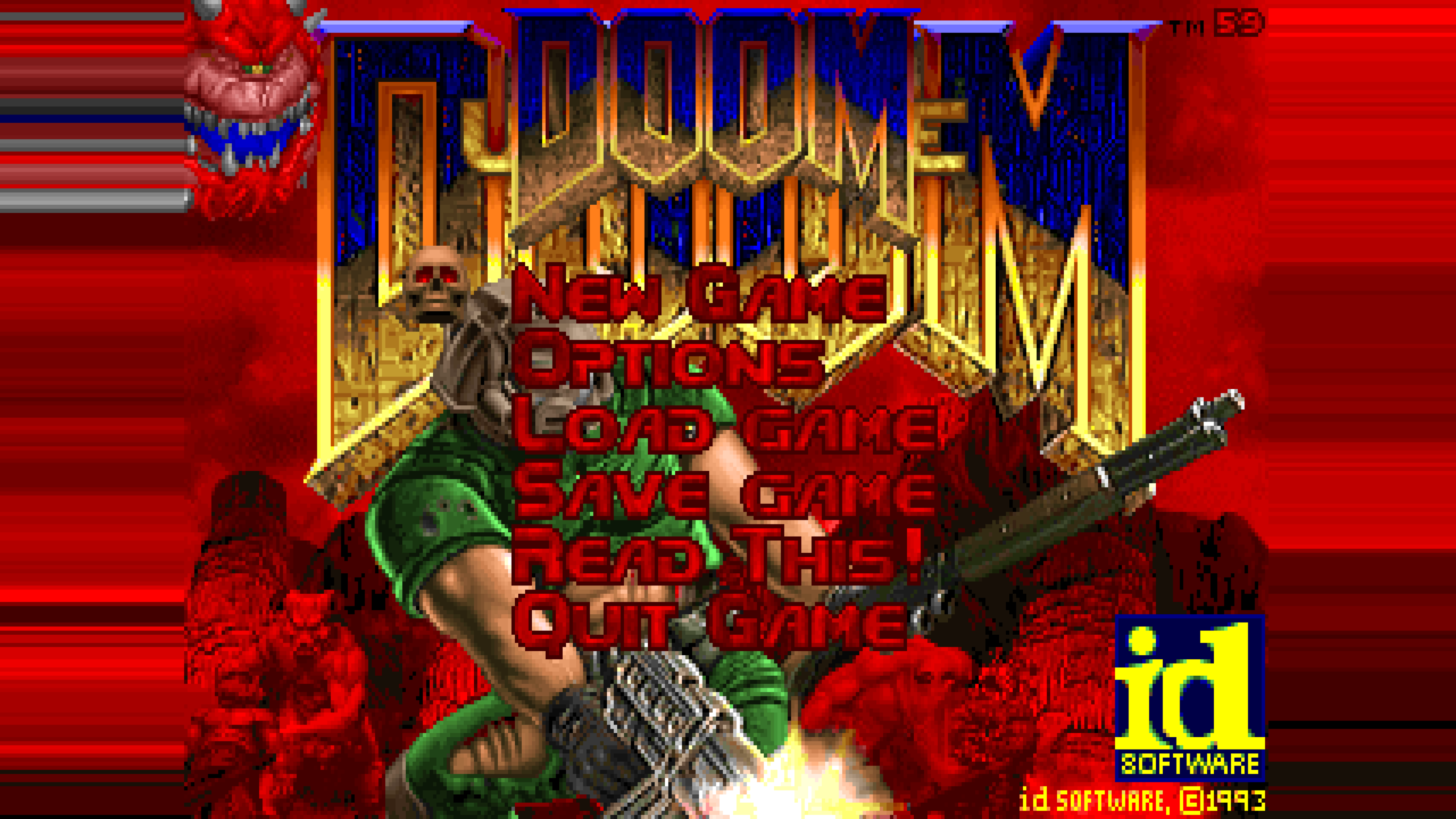 The classic DOOM title screen with the New Game menu, rendered by DOOM Ants