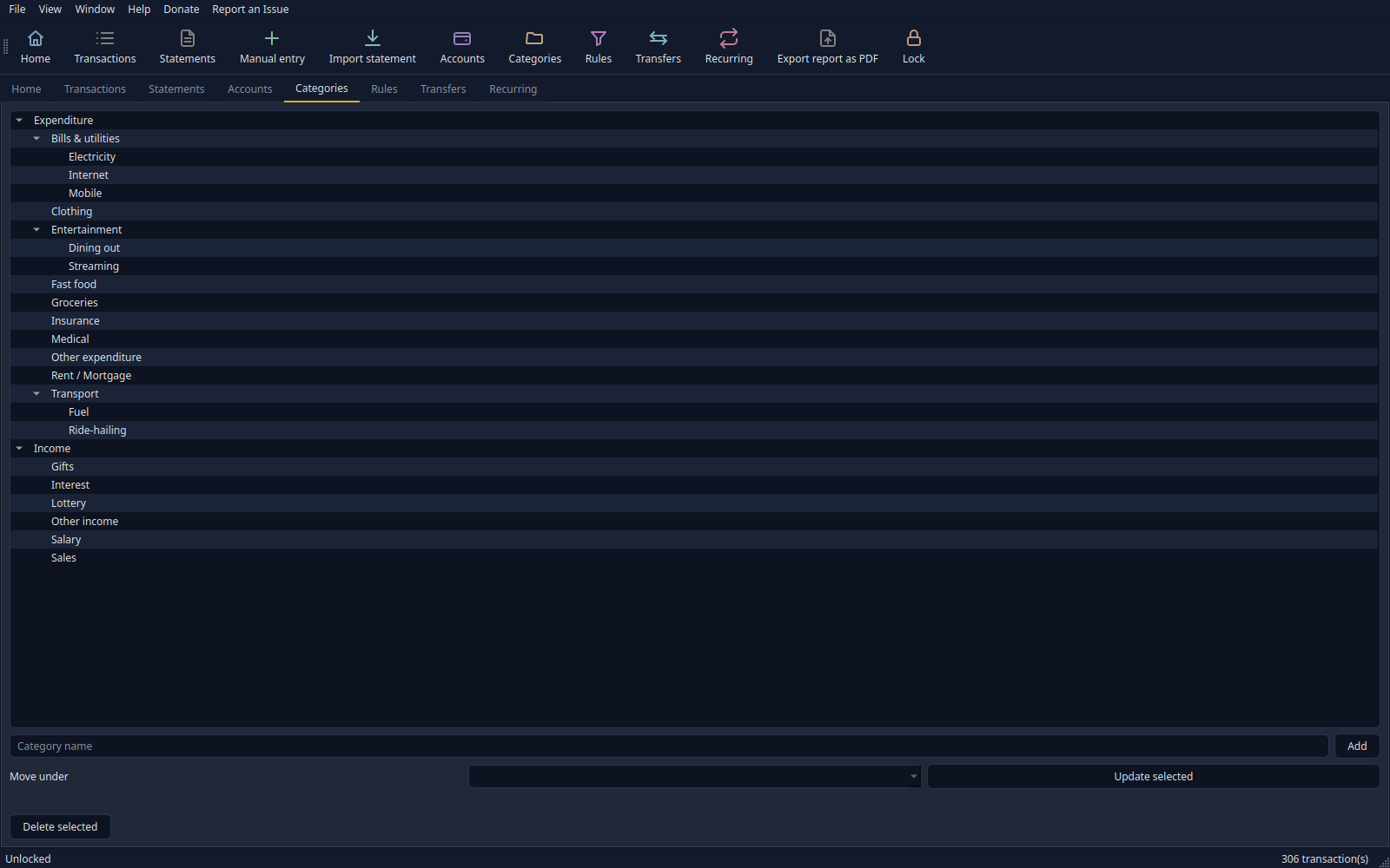 The Categories screen in dark theme showing the category tree. Expenditure branches into Bills & utilities (Electricity, Internet, Mobile), Entertainment (Dining out, Streaming), Groceries, Transport (Fuel, Ride-hailing) and more; Income branches into Gifts, Interest, Salary and Sales. Fields at the bottom let you add a category, move it under a parent, or delete the selected one.