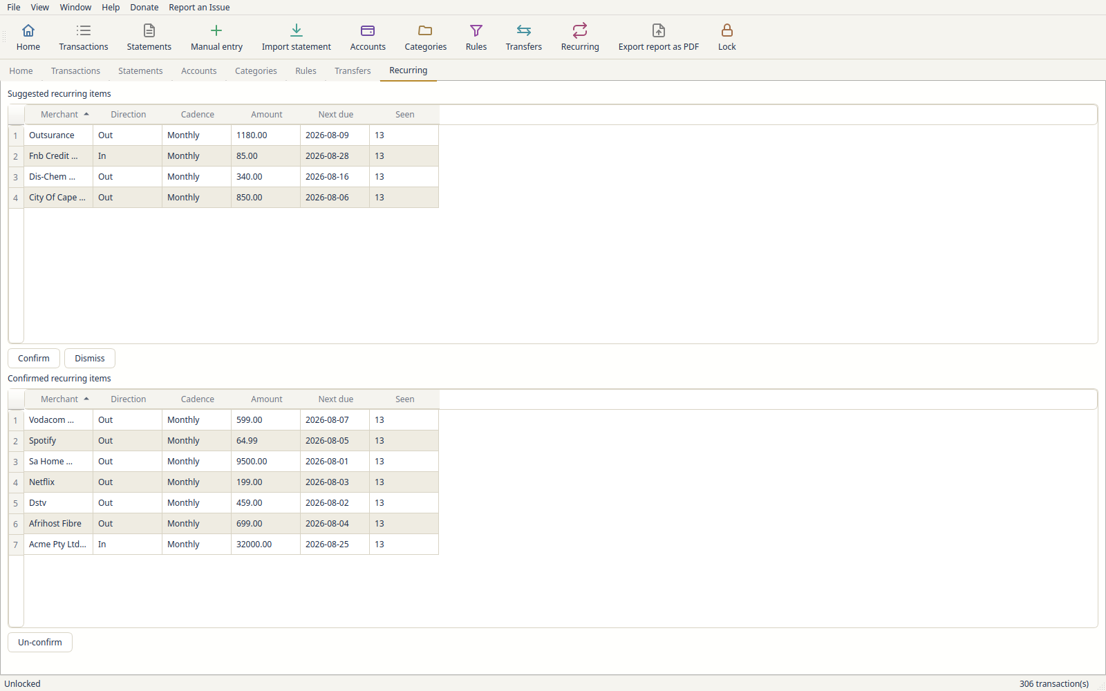The Recurring view in light theme with two tables. 'Suggested recurring items' lists payments finbreak has auto-detected — Outsurance, FNB Credit, Dis-Chem and City of Cape Town — awaiting Confirm or Dismiss. 'Confirmed recurring items' lists Vodacom, Spotify, Netflix, DStv, Afrihost Fibre and an Acme salary, each with its direction, monthly cadence, amount and next due date.