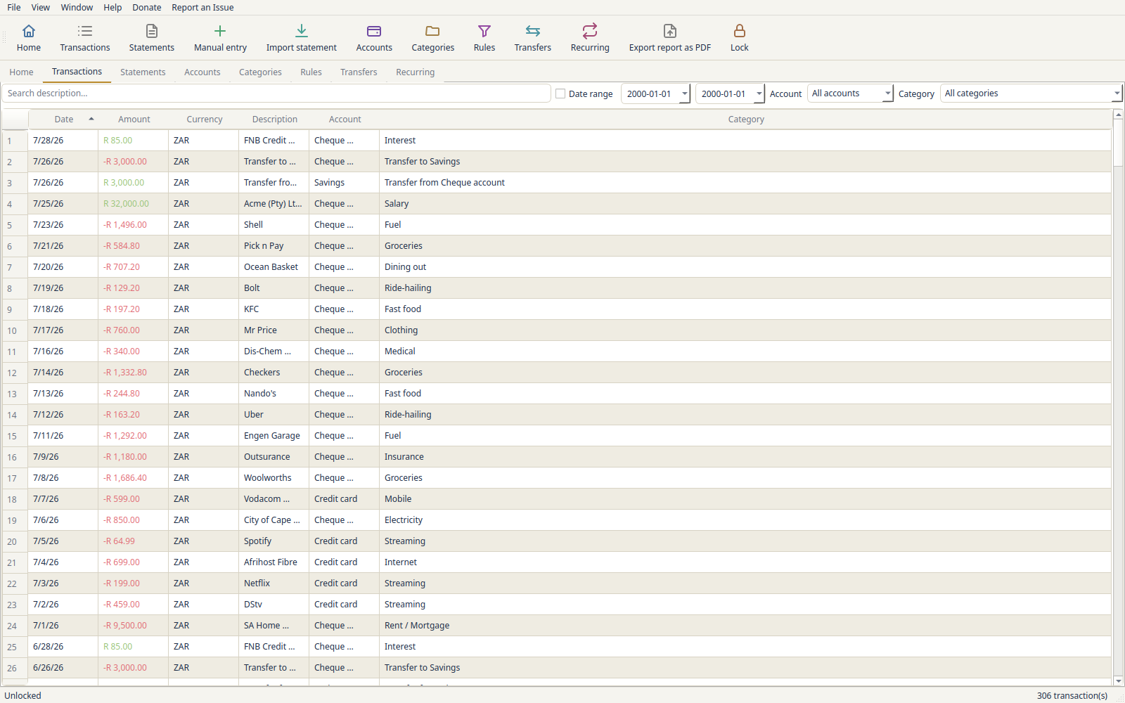 The Transactions view in light theme: a searchable, sortable table of 306 transactions with Date, Amount, Currency, Description, Account and Category columns. Rows show South African merchants such as Shell, Pick n Pay, Ocean Basket, Bolt, KFC and Checkers automatically sorted into categories like Fuel, Groceries, Dining out and Ride-hailing, with income amounts in green and expenses in red.