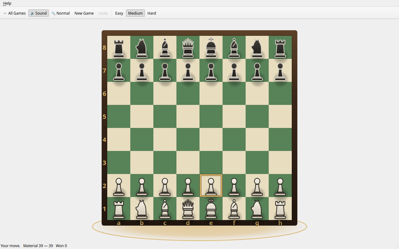 A chess board at the start of a game, cream and green squares with the pieces in their starting positions, labelled a to h and 1 to 8, with Easy, Medium and Hard difficulty buttons in the toolbar.