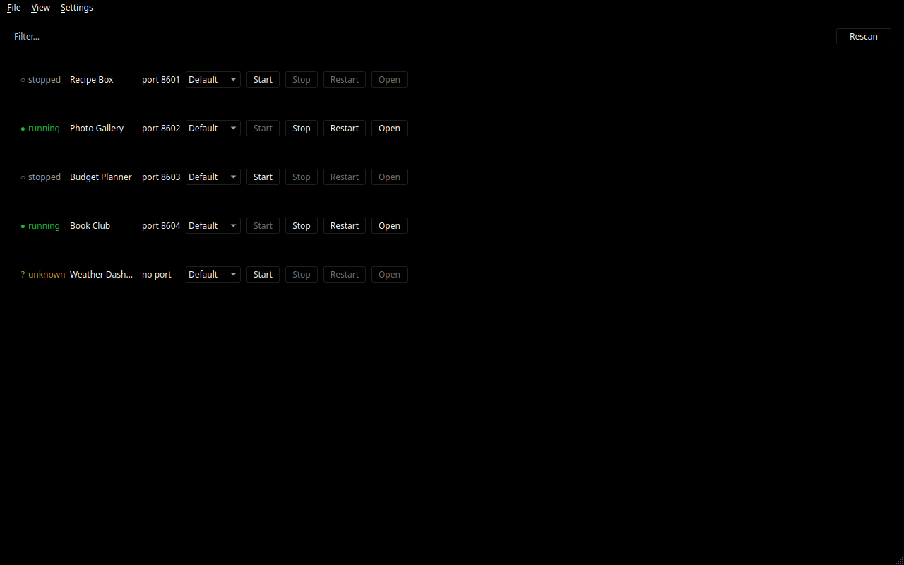 The project list in the High contrast dark theme, white text with bright green and yellow status words on pure black, for readers who need the strongest contrast.