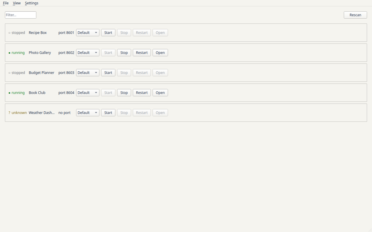 The same five sample projects in the light Ledger theme, dark text on warm off-white, with the two running projects' Stop, Restart and Open buttons enabled.