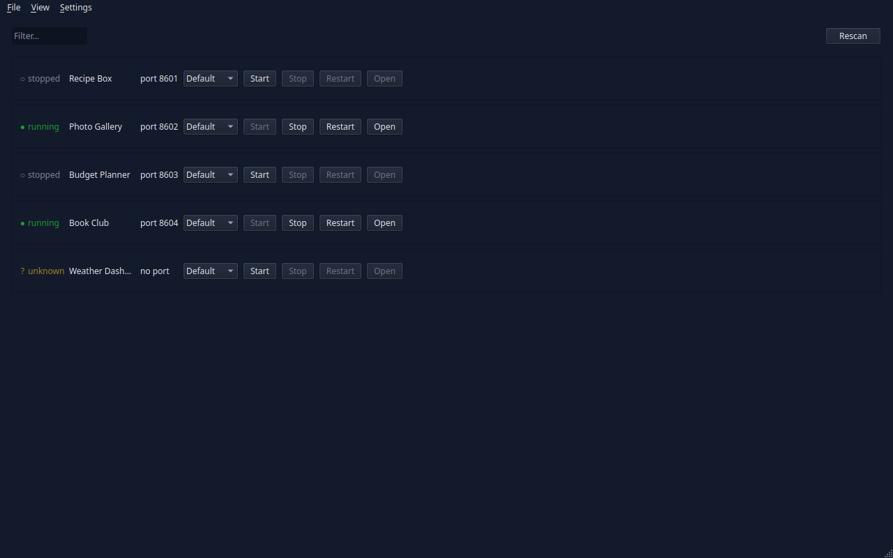 The Local Web Server Manager window in its dark Midnight theme, listing five sample web projects: Photo Gallery and Book Club are running, shown with green dots, Recipe Box and Budget Planner are stopped, and Weather Dashboard is unknown because it has no port. Each row has its port, a browser picker and Start, Stop, Restart and Open buttons.
