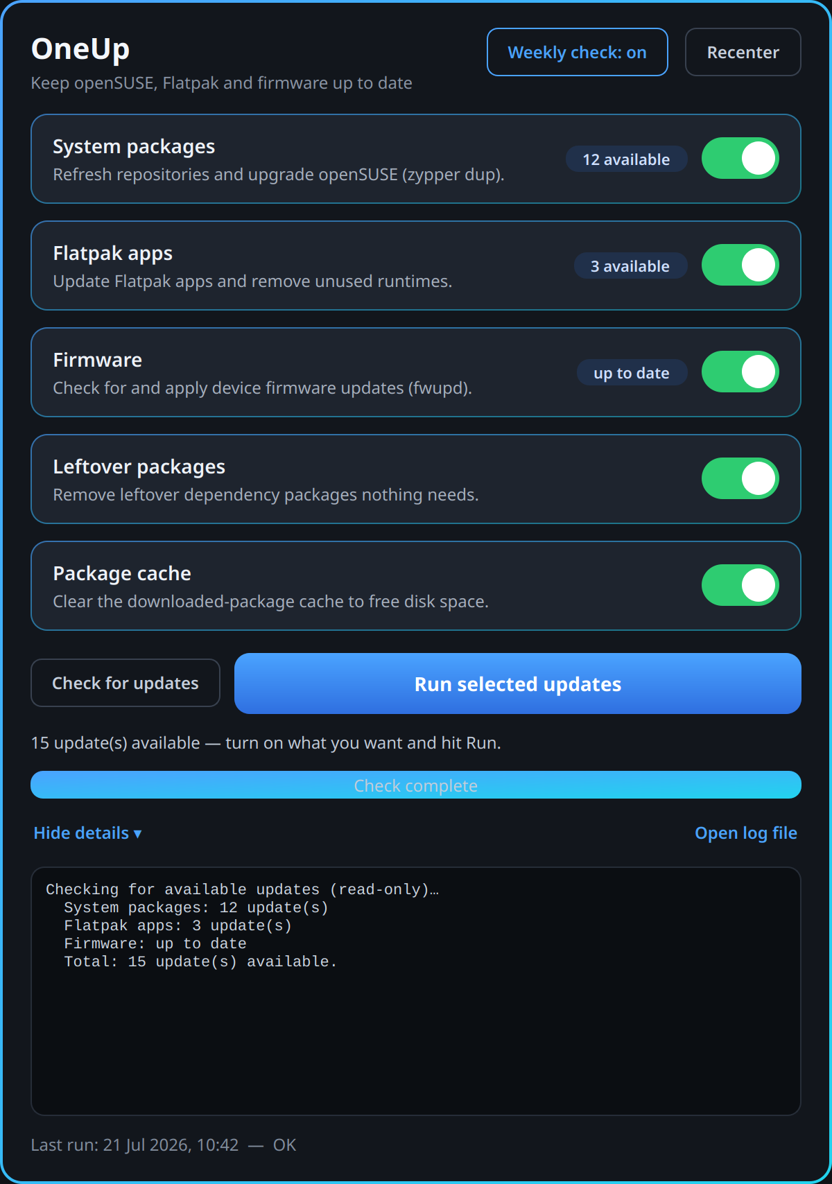The OneUp dashboard in dark theme: five toggle cards — System packages (12 available), Flatpak apps (3 available), Firmware (up to date), Leftover packages and Package cache — each with a green on-switch, above Check for updates and Run selected updates buttons and a live log reading '15 update(s) available'