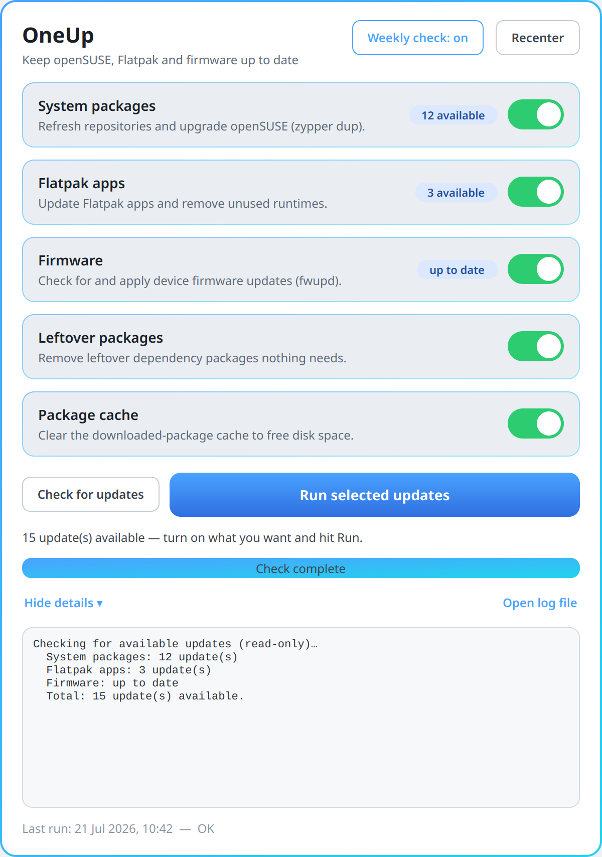 The same OneUp update dashboard in light theme, showing it follows the desktop's light/dark setting — identical toggle cards, buttons and read-only check log on a white background