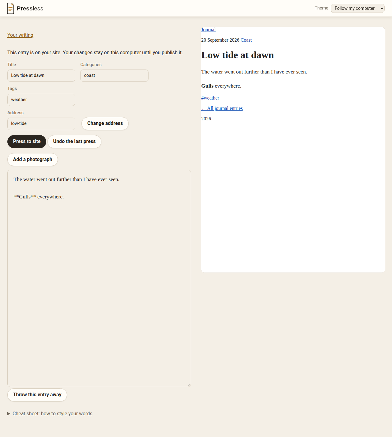 Writing an entry in Pressless: the title, categories, tags and address on the left above the writing box, the finished page shown live on the right, with Press to site, Undo the last press and Add a photograph buttons