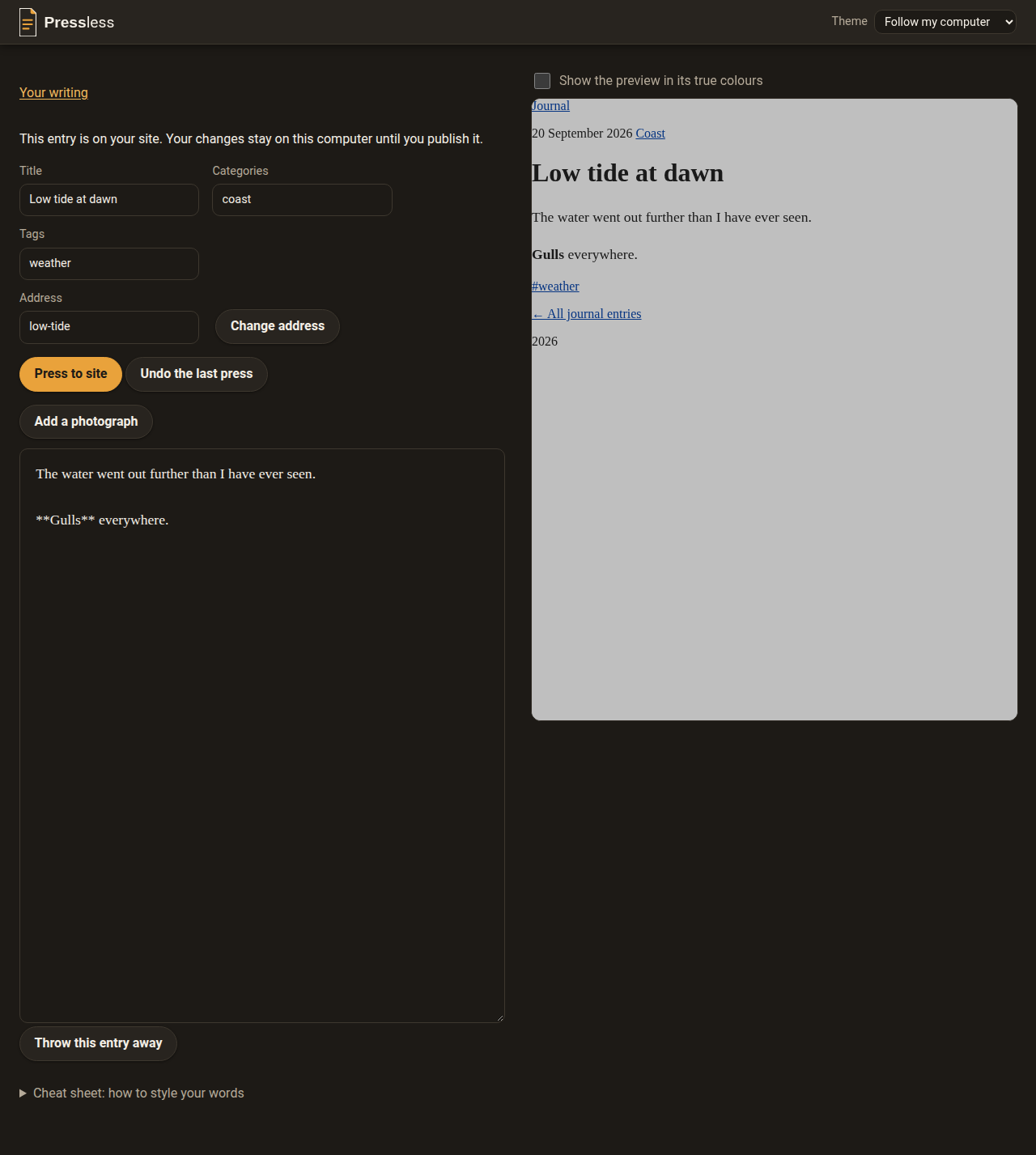 The same entry in Pressless's dark look, with the preview dimmed so the bright page does not glare, and a tick box above it to show the preview in its true colours