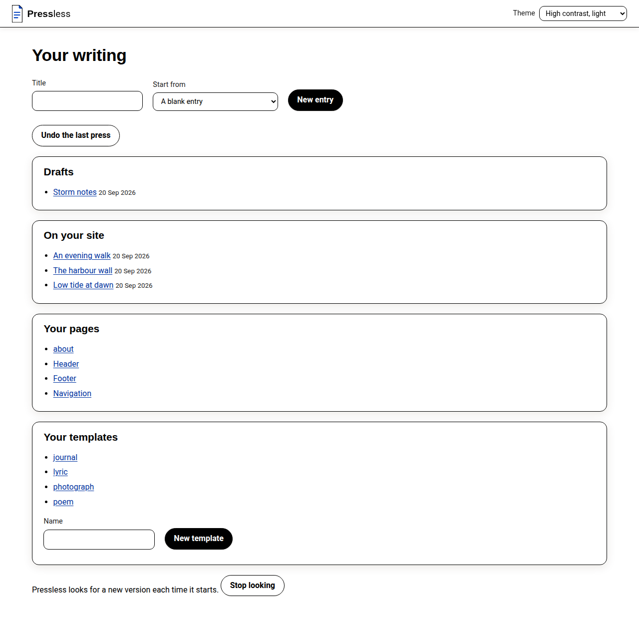 The list in the high-contrast light look, chosen from the Theme picker in the top bar: black text and outlines on white