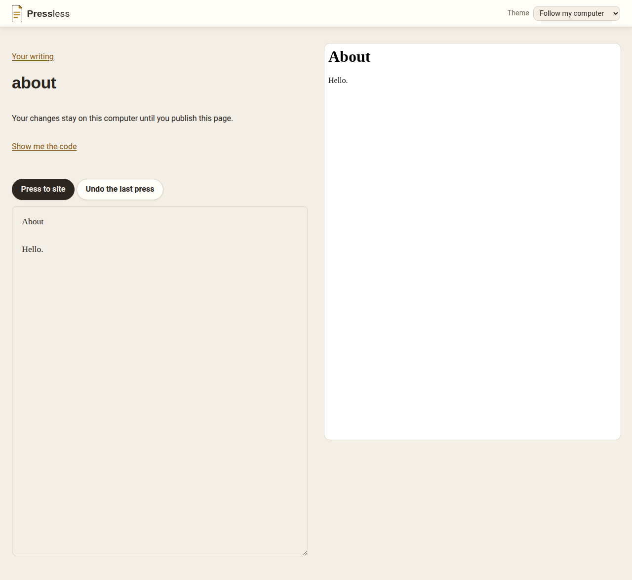 Editing the site's About page in the same box, with the finished page shown beside it