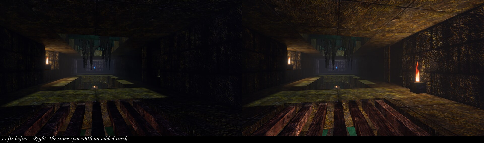 Arcane Temple's upper hall, before and after. Left: the far end of the hall is lit but the near walls and ceiling are almost black. Right: the same view with an added torch on the right-hand wall, lighting the stonework and ceiling around it.