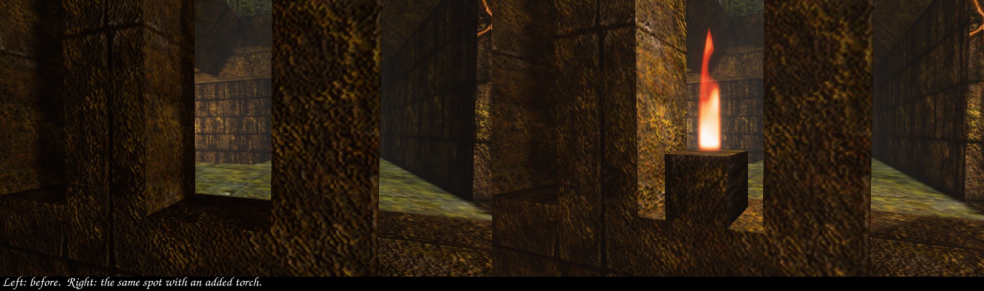 Arcane Temple's pillared passage, before and after. Left: dim stone pillars with no light between them. Right: the same spot with an added torch burning on a stone block between two pillars.